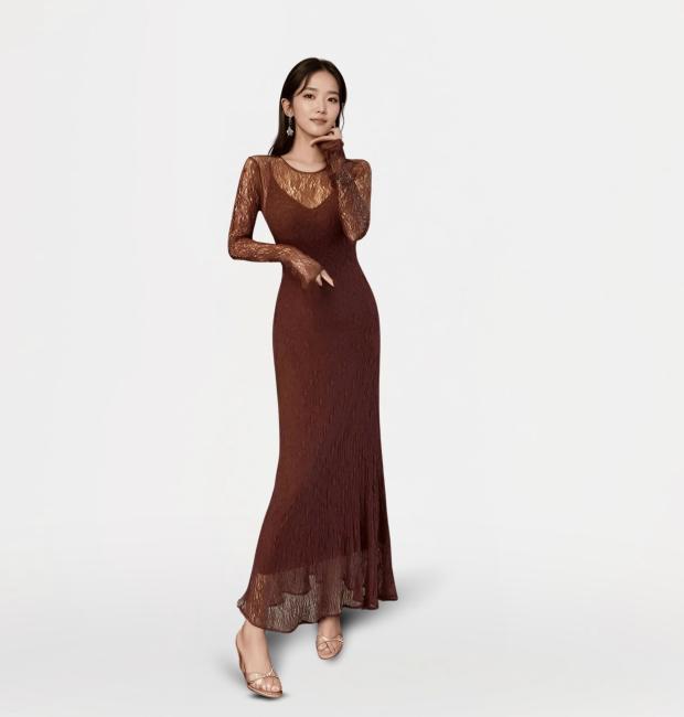 ĐẦM REN ĐUÔI CÁ TAY DÀI NÂU CAM